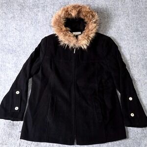Preston & York XL Wool Coat Genuine Raccoon Fur Hooded Jacket Warm‎ Winter